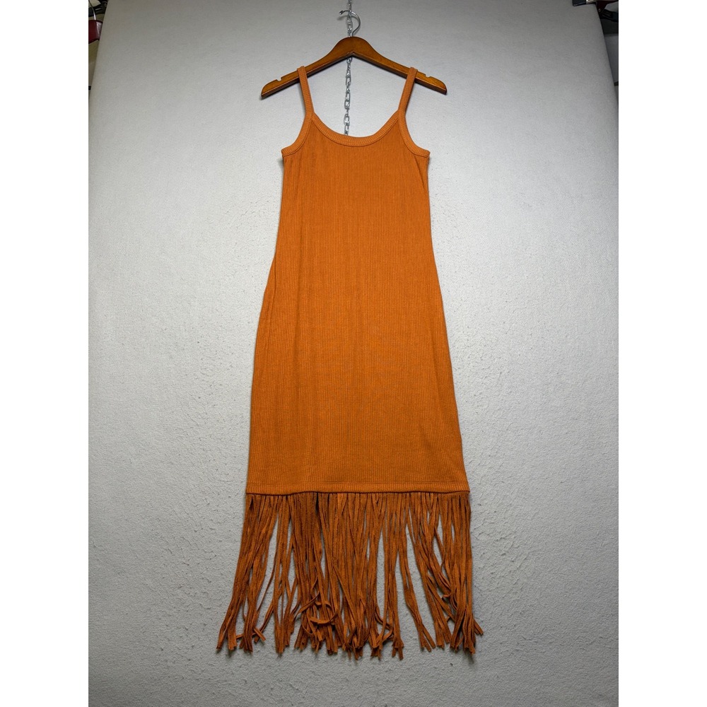 Idyllwind Dress Womens Medium Orange Ribbed Knit Fringe Hem Midi Western Boho